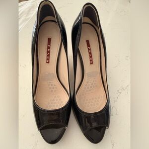 Prada Glossy Black Peep-Toe Heels